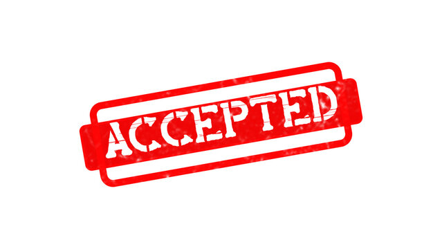 Red rectangular rubber stamp with the word accepted in white distressed capital letters isolated on a transparent background, for business use isolated on a transparent background