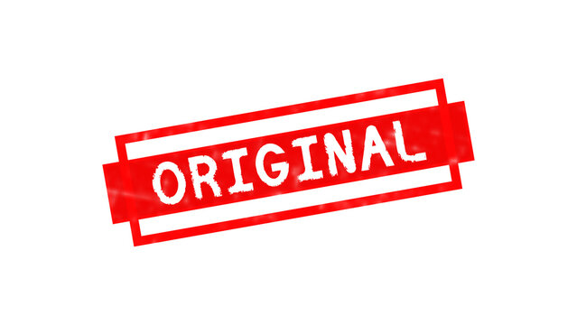 Red rectangular rubber stamp with the word original written in white bold letters isolated on a solid black background, for document validation isolated on a transparent background