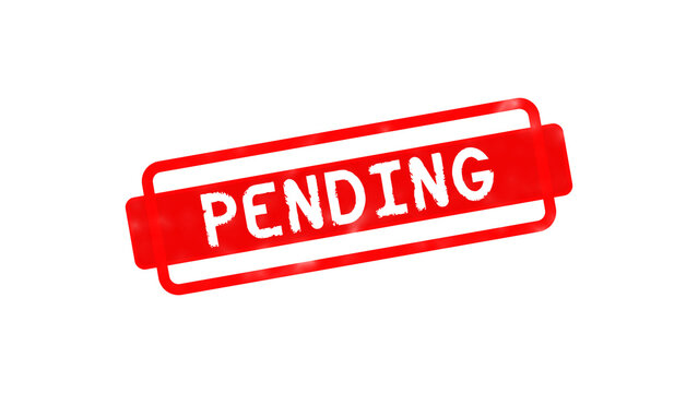 Red rectangular rubber stamp with the word pending written in white bold capital letters on a solid black background, for financial documents isolated on a transparent background