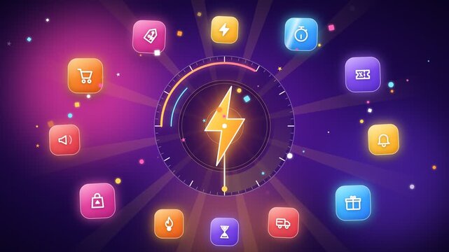 Flash sale countdown animation with glowing lightning bolt and shopping icons for special discount promotion loop