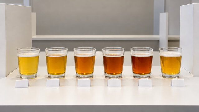 Six beer tasting samples in a row for comparative sensory evaluation