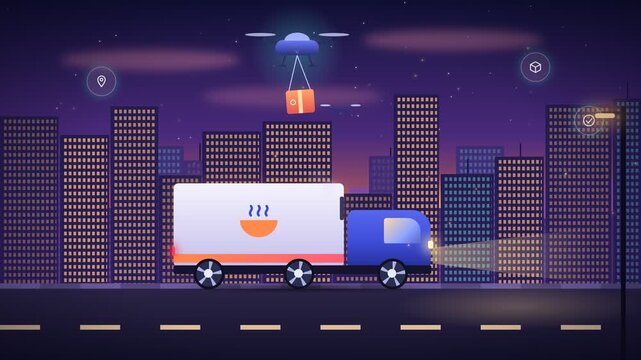 Food delivery truck animation driving along illuminated city street with package drone for restaurant takeout service