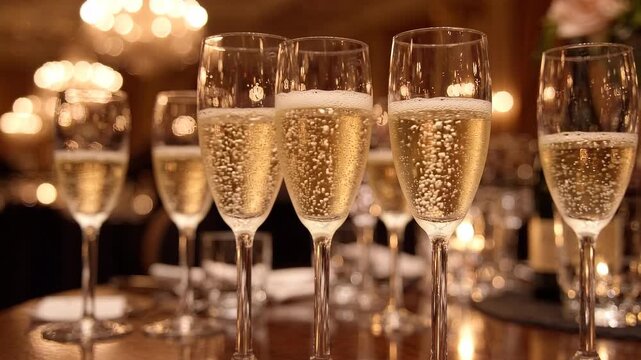 Champagne flutes filled with bubbling sparkling wine arranged on an elegant banquet table under warm ambient chandelier lighting