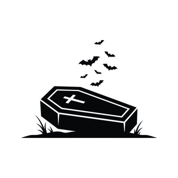 Black and white vector silhouette of a coffin with bats flying above it