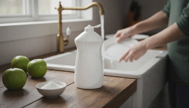 Premium dish detergent bottle with white label beside fresh green apples in a rustic kitchen