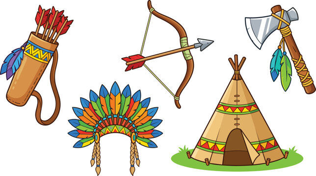 Native American Indigenous Culture Vector Set Featuring Teepee Tent Feather Headdress Bow And Arrow Quiver and Tomahawk Axe Illustration Elements