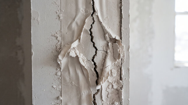 Close up of deep cracked drywall joint with peeling torn paper tape and chipped plaster on damaged house wall. 