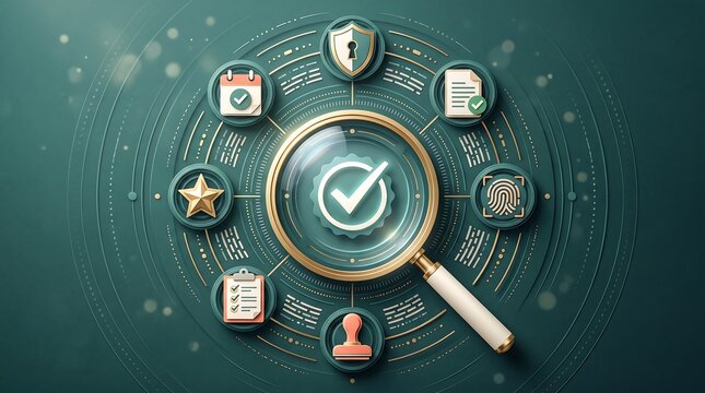 Magnifying glass with green checkmark surrounded by quality, trust and security icons for verification and approval concept