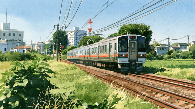 a train traveling on a railway track. The train is painted in white and orange, with the number 42 prominently displayed on its front. The track is surrounded by lush greenery.