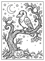Fototapeta premium Vertical black and white Halloween coloring page with cartoon raven crow perched on twisted oak tree branch over pumpkin. 