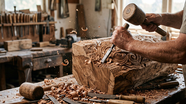 Sculptor craftsman using heavy wooden mallet and sharp steel gouge chisel to hand carve ornate relief pattern into wood beam.   
