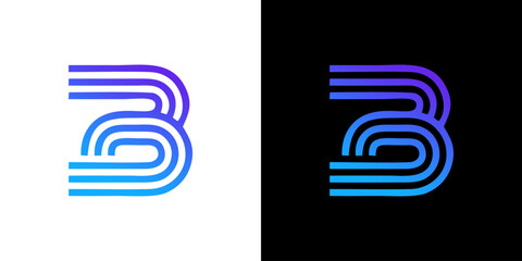 Dynamic and modern letter B logo design with a vibrant gradient of purple to blue parallel lines, creating a sleek and professional icon suitable for technology, business, or branding purposes © inka