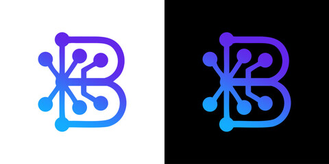 Letter B Digital Tech Logo Symbol with Gradient Circuit Board Nodes and Futuristic Connectivity Network Graphics © inka