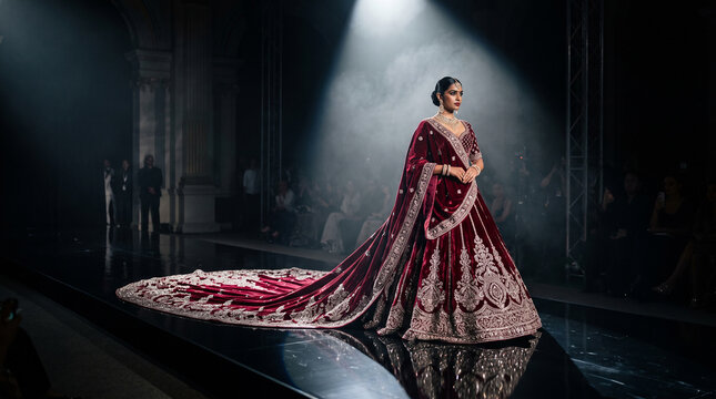 Fashion supermodel walking runway in dramatic velvet maroon lehenga gown with long embroidered train at luxury bridal fashion show.   
