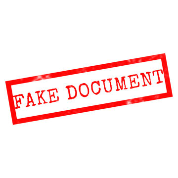 Red rubber stamp impression reading fake document