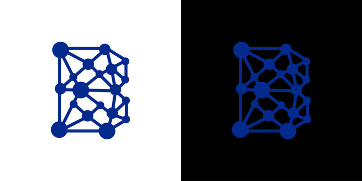 Abstract blue letter B logo design template, featuring a digital network, connection, and data concept for technology and science companies