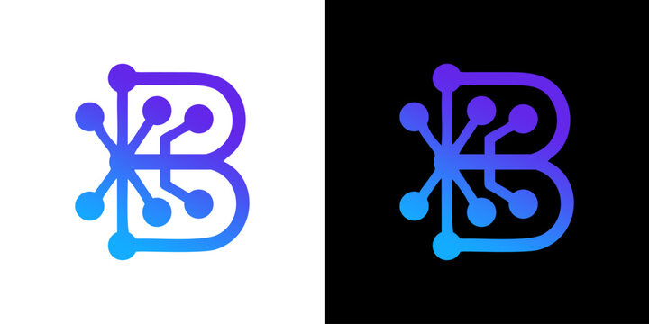 Letter B Digital Tech Logo Symbol with Gradient Circuit Board Nodes and Futuristic Connectivity Network Graphics