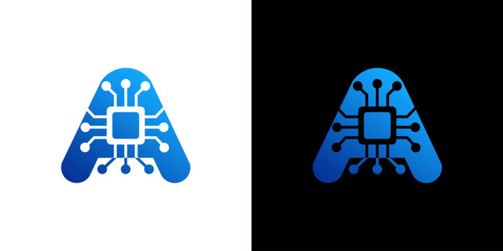 Letter A Technology Logo With Microchip Circuit Board Vector Icon Design