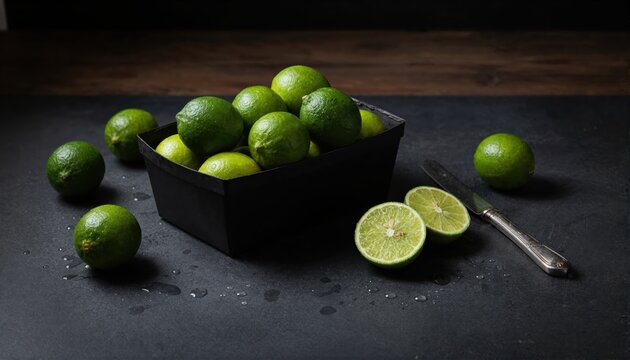Vibrant key limes in a black tray on a moody dark stone surface