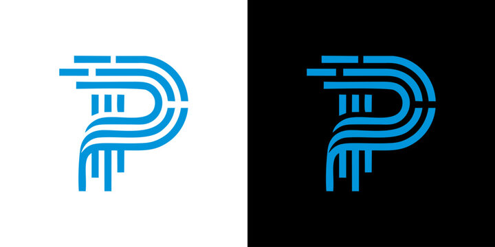 Modern letter P logo design template with dynamic blue parallel lines, suitable for tech, digital, and media company branding