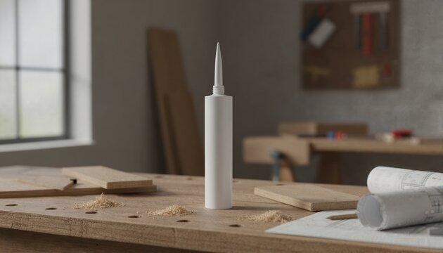 White sealant tube on rustic carpenter bench with architectural blueprints