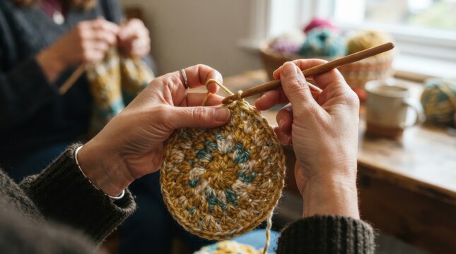 adult crochet circle hands closeup Close-up of elderly hands crocheting a circular piece with colorful yarn indoors.