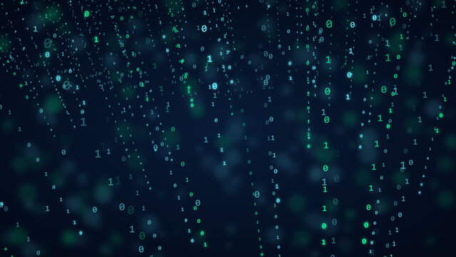 Futuristic abstract digital stream with green binary code rain falling down against deep dark space