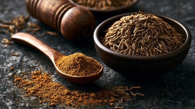 A moody editorial composition emphasizing freshly ground cumin through dramatic side lighting against textured charcoal stone with rich earthy textures