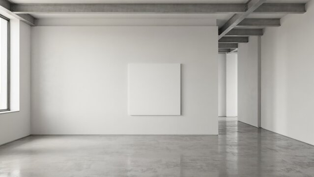A spacious empty gallery room with white walls, concrete floors, and a large blank canvas in the center, displaying