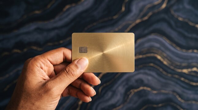 Hand holding a blank gold credit card mockup against a dark marble texture background