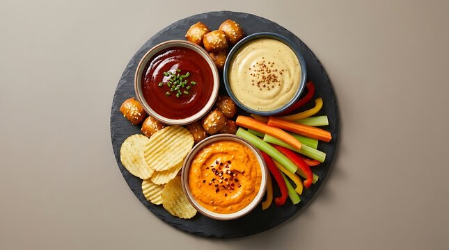 Assorted vegetable sticks and potato chips served with three different delicious dipping sauces. Easy BBQ dips