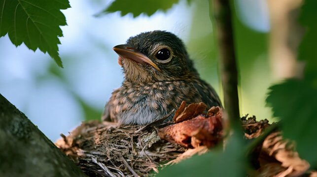 Small brown bird chick sitting in a nest among green leaves