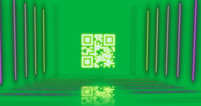 Animation of flickering yellow QR code with neon lines.