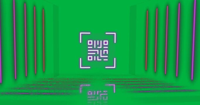 Animation of flickering pink QR code with neon lines.