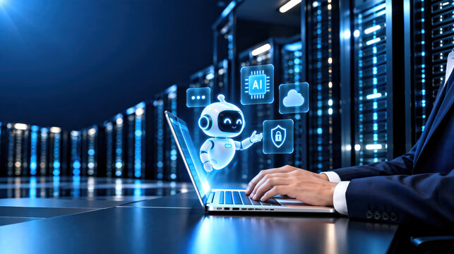 Futuristic robot assistant laptop data center ai cloud security chatbot virtual support