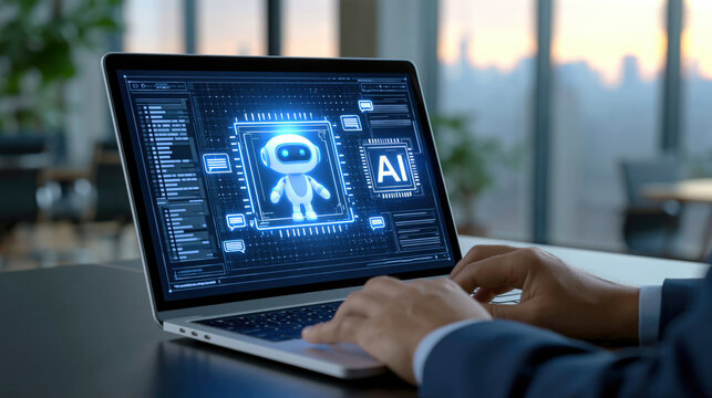 Person typing on laptop showing glowing AI robot interface and code, modern office scene with digital futuristic atmosphere