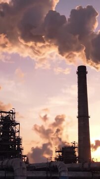 A Glimpse of Industrial Emissions: A Power Plant's Smokestack Silhouetted Against a Vibrant Sunset Mood, Showcasing the Intersection of Energy Production and Environmental Impact