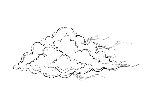 Dark stormy cloud formation with dramatic lightning sketch illustration transparent background