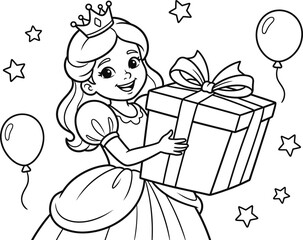 Happy princess with gift and balloons line art illustration for childrens coloring pages © MD