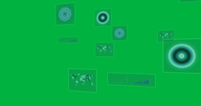 Animation of multiple scopes and world map scanning and processing on black background