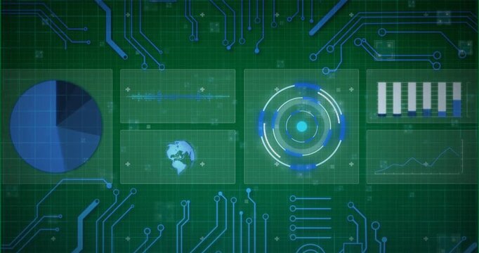 Digital interface with round scanner and microprocessor connections against blue background