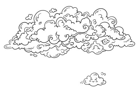 Whimsical cartoon cloud illustration with small smiling cloud below transparent background