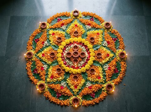 Biodegradable Floral Diwali Rangoli On Decorated Floor