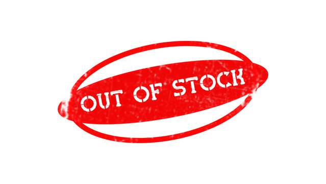 An oval red rubber stamp with the word out of stock in white stencil font isolated on a black background, for inventory and, retail status updates isolated on a transparent background