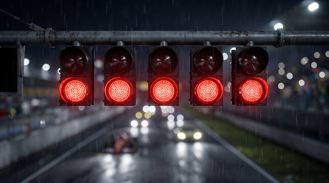 Five red starting lights glowing above a wet race track at night in heavy rain with blurred race cars in the background