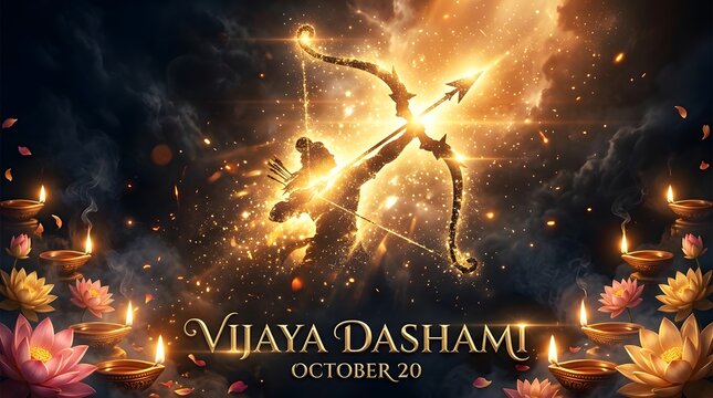 Glowing bow and arrow in a golden cosmic nebula celebrating vijaya dashami