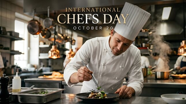 Professional chef in tall white hat garnishing gourmet plate in restaurant
