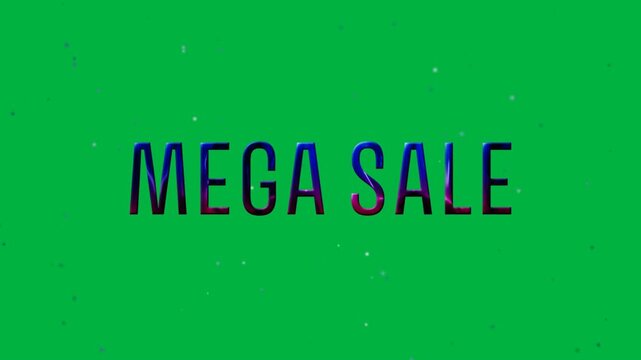 Animation of mega sale text shiny purple and blue, with floating particles on transparent background