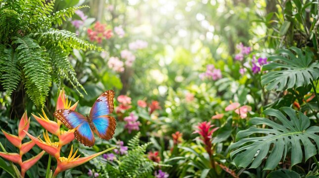 Blue Morpho Butterfly Perched on Tropical Heliconia Flower