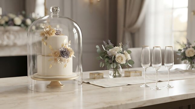 Birthday celebration small wedding cake under glass cloche with champagne flutes